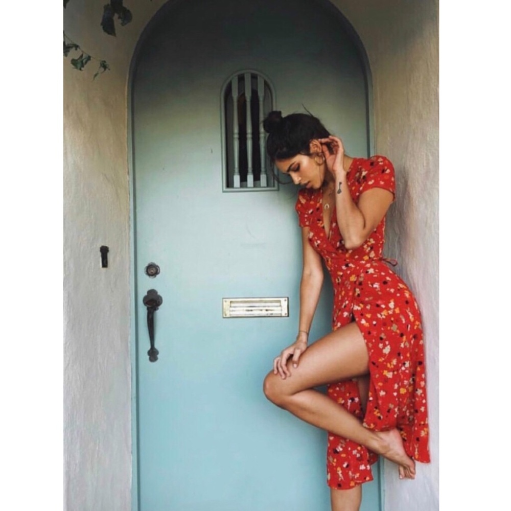Bohemian Gypsy red floral print Cottagecore wrap dress - Picture 2 of 5